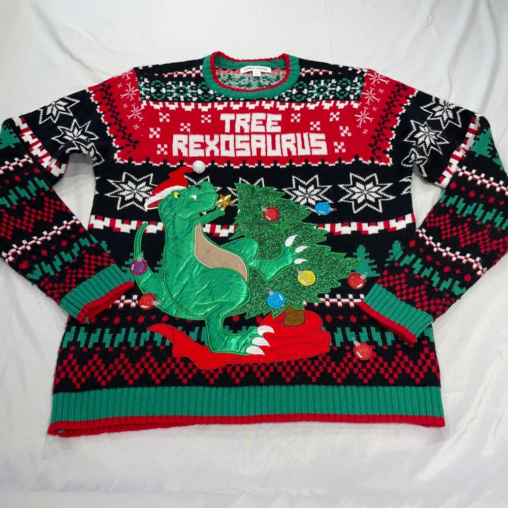 Celebrate Together Tree Rexosaurus Ugly Christmas Sweater Mens Large‎ Dinosaur